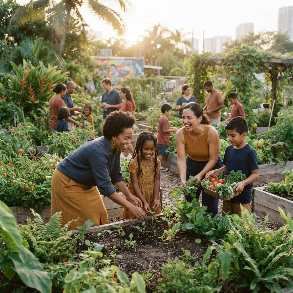 Families and children gathered in a community garden